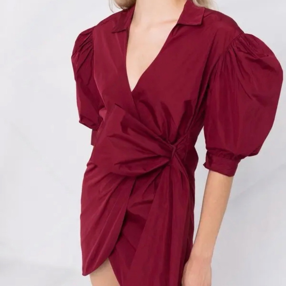 RED Valentino Wine-Red Wrap Mini Dress with Puff Sleeves